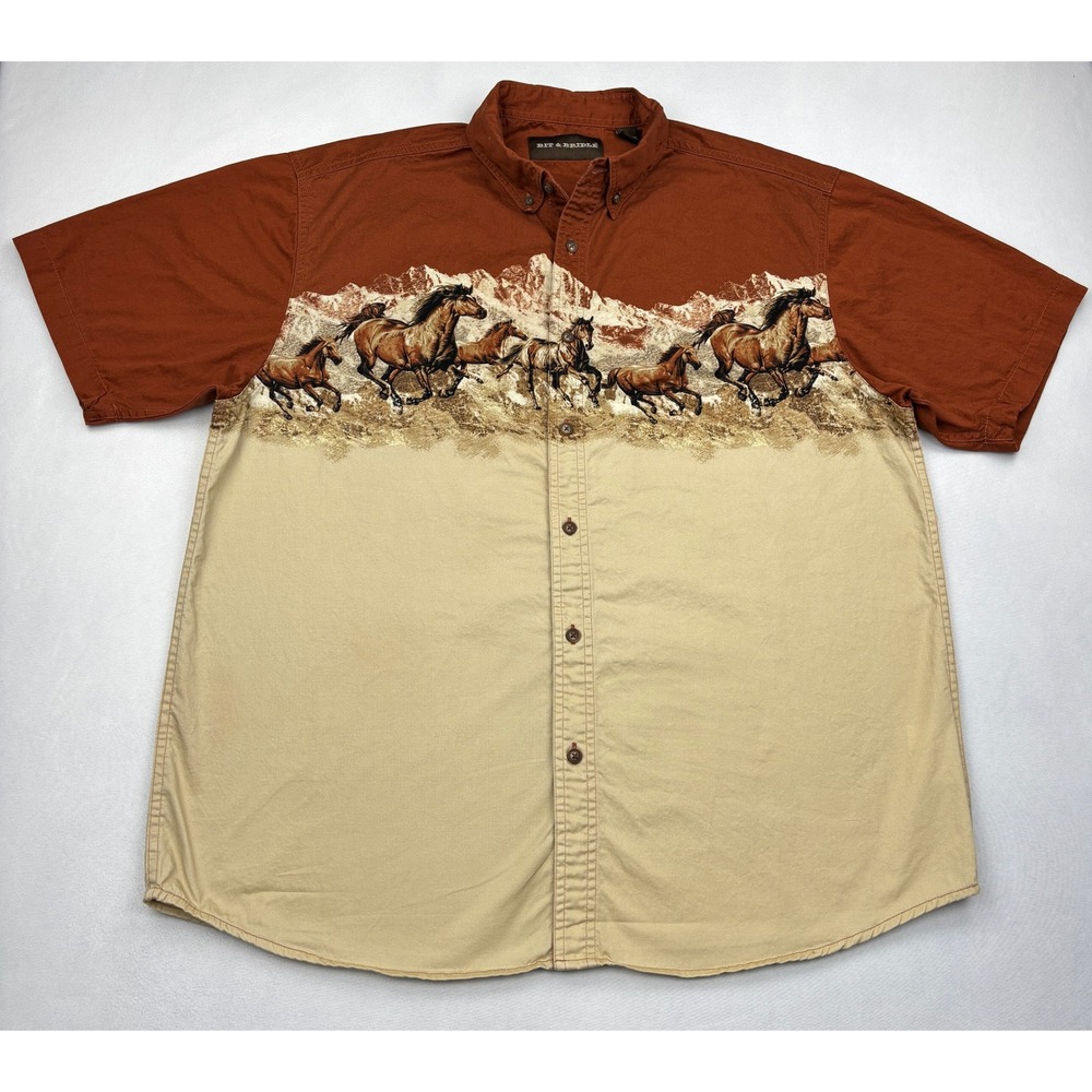 Bit Bridle Shirt Mens Large Western Running Horses Mountain Short Sleeve Rust L
